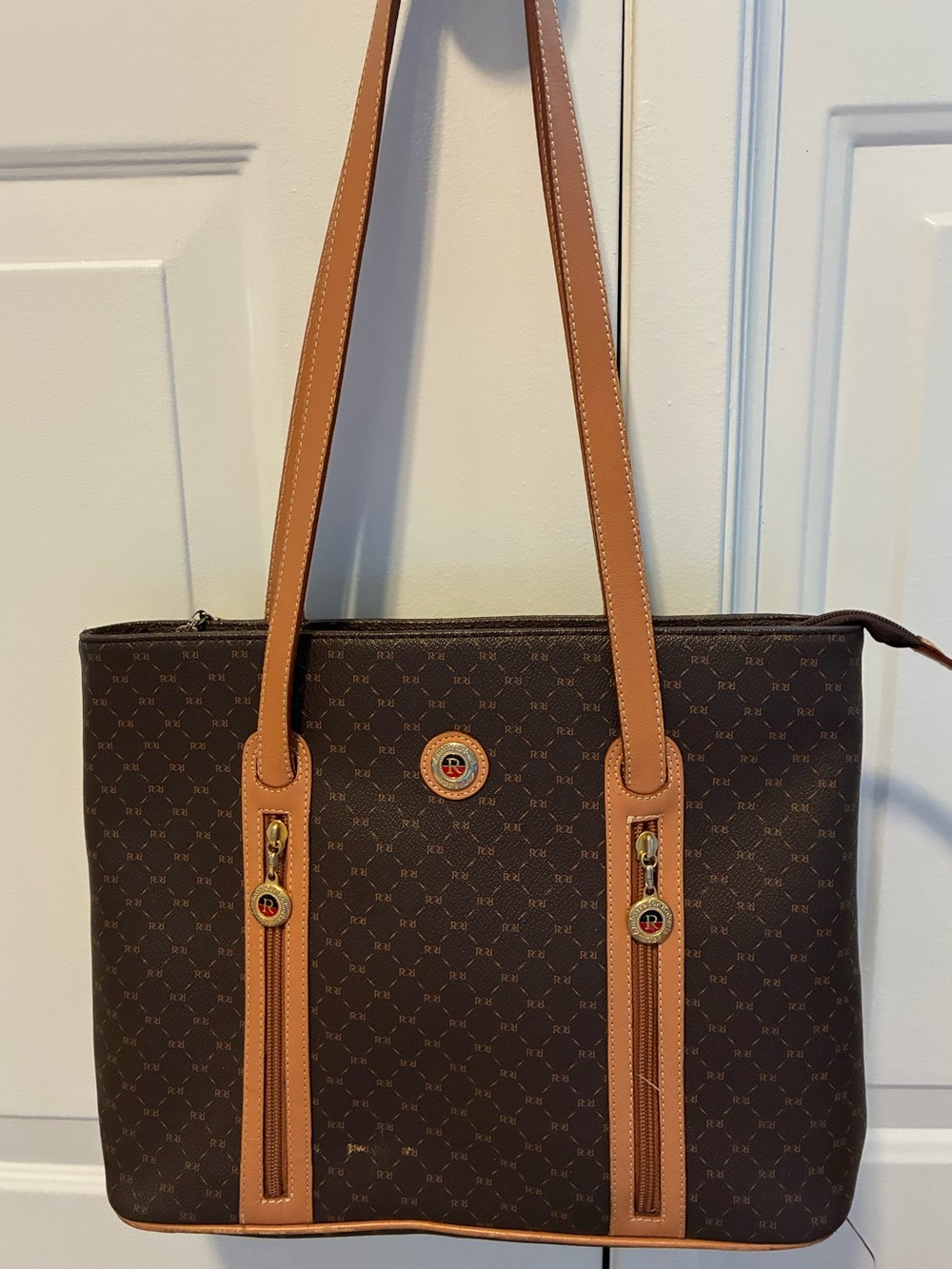 AMBASSADOR ROBERTA Brown Monogram Leather Trim Tote Bag